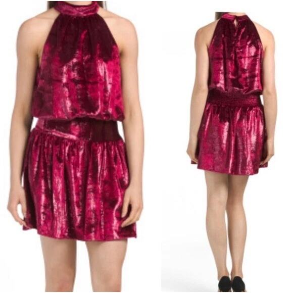 NEW NWT Ramy Brook Ellin Shiny Velour Halter Mini Dress Red Large - Picture 1 of 6